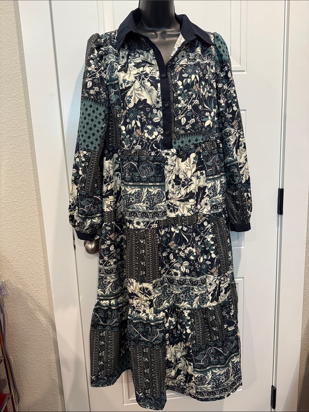 Umgee Black and Cream Patchwork Floral Midi Shirt Dress